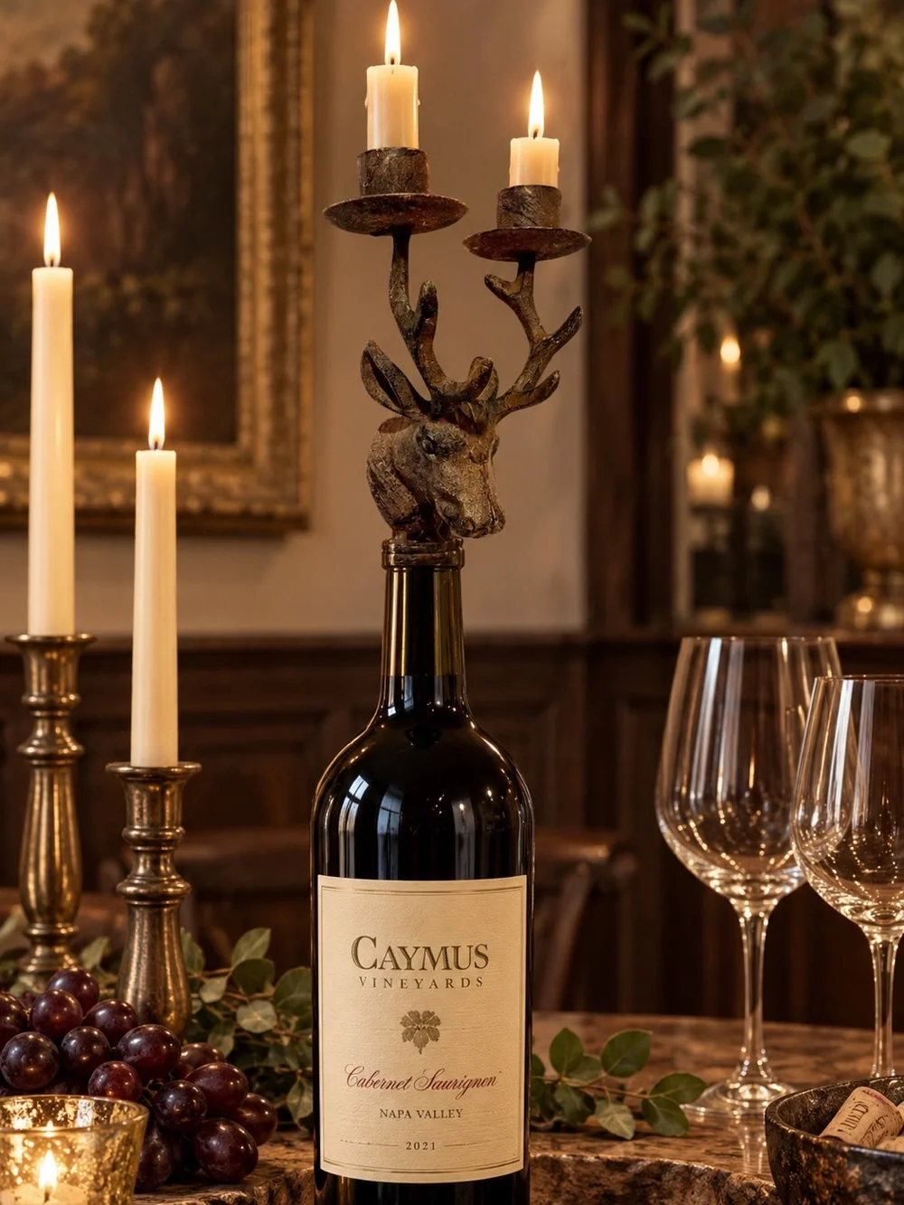Rustic Metal Deer Antler Double Candle Holder Wine/Champagne Cork - Brown 7”